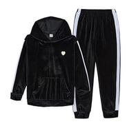 JiAmy Conjunto de ropa para niña de 2 piezas con capucha, pantalones de chándal suaves y sudadera, conjunto deportivo aterciopelado para niñas de 4 a 10 años, Negro , 9-10 años