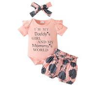 JiAmy Conjuntos de Ropa para Bebés Niña 2 Piezas, Recien Nacido Manga Corta Monos con Volantes Daddy's Girl Bordado Patrón Pantalones cortos con Diadema Trejes 0-3 Meses, Rosa2