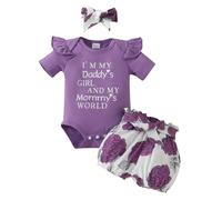JiAmy Conjuntos de Ropa para Bebés Niña 2 Piezas, Recien Nacido Manga Corta Monos con Volantes Daddy's Girl Bordado Patrón Pantalones cortos con Diadema Trejes 6-9 Meses, Morado