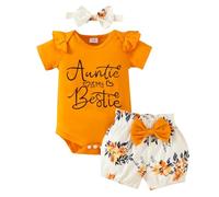 JiAmy Conjuntos de Ropa para Bebés Niña 2 Piezas, Recien Nacido Manga Corta Monos con Volantes Daddy's Girl Bordado Patrón Pantalones cortos con Diadema Trejes 0-3 Meses, Naranja