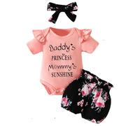 JiAmy Conjuntos de Ropa para Bebés Niña 2 Piezas, Recien Nacido Manga Corta Monos con Volantes Daddy's Princess Bordado Patrón Pantalones cortos con Diadema Trejes 0-3 Meses, Melocotón