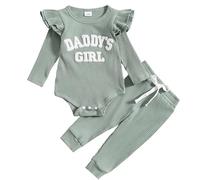 JiAmy Conjuntos de Ropa para Bebés Niña, Recien Nacido Manga Larga Monos con Volantes Daddy's Girl Bordado Patrón Pantalones Largos Conjunto de 2 Piezas, 3-6 Meses Verde