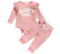 JiAmy Conjuntos de Ropa para Bebés Niña, Recien Nacido Manga Larga Monos con Volantes Daddy's Girl Bordado Patrón Pantalones Largos Conjunto de 2 Piezas, 12-18 Meses Rosa