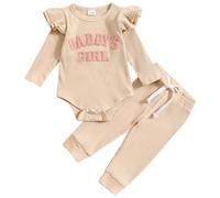 JiAmy Conjuntos de Ropa para Bebés Niña, Recien Nacido Manga Larga Monos con Volantes Daddy's Girl Bordado Patrón Pantalones Largos Conjunto de 2 Piezas, 6-9 Meses Beige