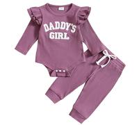 JiAmy Conjuntos de Ropa para Bebés Niña, Recien Nacido Manga Larga Monos con Volantes Daddy's Girl Bordado Patrón Pantalones Largos Conjunto de 2 Piezas, 6-9 Meses Morado