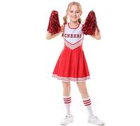 JiAmy Disfraz de animadora para niñas, uniforme de animadora con pompones y calcetines, disfraz de Halloween para niños de 5 a 6 años, color rojo