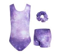 JiAmy - Leotardos de gimnasia para niñas, 3 piezas, sin mangas, conjunto deportivo brillante, monos de baile con pantalones cortos, ballet, estilo ciclista, para niñas de 3 a 12 años, 5-6 años