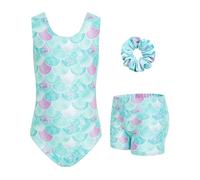 JiAmy Leotardos de gimnasia para niñas, 3 piezas, traje atlético sin mangas, conjunto de baile brillante con pantalones cortos, ballet, ciclistas, 3-12 años, Juego de sirena verde, 8-9 años