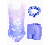 JiAmy Leotardos de gimnasia para niñas con pantalones cortos, conjunto de 3 piezas, traje atlético de gimnasia para niños, ropa de ballet sin mangas para niños de 3 a 12 años, Juego de mariposas