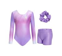 JiAmy Leotardos de gimnasia para niñas, manga larga, con pantalones cortos, traje de ballet para niñas de 3 a 12 años, Gradiente rosa y morado, 9-10 años