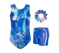 JiAmy Maillot de gimnasia para niña, con pantalones para el pelo, juego de mameluco brillante para 3-12 años, Conjunto de jaspeado azul, 5-6 años