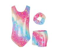 JiAmy - Mono de gimnasia para niña, con Uniformes de gimnasia sin mangas y espalda cortada con espalda cortada con pantalones cortos y diadema para niños de 3 a 12 años, Estrellas coloridas, 9-10 Años