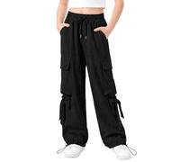 JiAmy Pantalones cargo holgados para niñas, cintura elástica con lazo, pierna ancha, transpirables, Y2K, pantalones deportivos casuales para verano, para baile, escuela, jugar, 5-14 años, Negro, 9-10