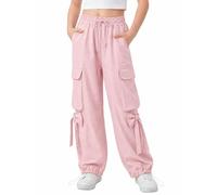 JiAmy Pantalones cargo holgados para niñas, cintura elástica con lazo, pierna ancha, transpirables, Y2K, pantalones deportivos casuales para verano, para baile, escuela, jugar, 5-14 años, rosa, 11-12