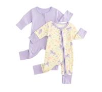 JiAmy - Pijama de bebé y niña, 3 piezas de dormir bien de manga larga para bebé, bambú con patas y puños ajustables, ropa recién nacida 0-24 meses, Unicornio púrpura, 3-6 meses