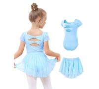 JiAmy Ropa de ballet para niña, vestido de ballet para niña, traje de ballet, de algodón, manga corta, maillot de ballet, traje de baile, body de danza + falda envolvente de gasa, falda de baile, 2