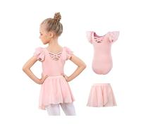 JiAmy Ropa de ballet para niña, vestido de ballet para niña, traje de ballet, de algodón, manga corta, maillot de ballet, traje de baile, body de danza + falda envolvente de gasa, falda de baile, 2