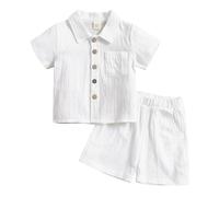 JiAmy Ropa de bebé para niños, 2 unidades, verano, manga corta, camiseta de lino monocolor, top+ pantalones cortos, ropa de bebé recién nacido, conjunto de ropa para niños de 6 meses a 4 años, Blanco