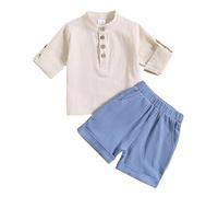 JiAmy Ropa de bebé para niños, 2 unidades, verano, manga corta, camiseta de lino monocolor, top+ pantalones cortos, ropa de bebé recién nacido, conjunto de ropa para niños de 6 meses a 4 años, azul