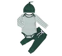 JiAmy Ropa de bebé para niños a rayas, body de manga larga, top+pantalones+gorro, ropa de bebé, conjunto de ropa de algodón suave para recién nacidos, 6-9 meses, verde