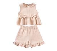 JiAmy Ropa de verano para niñas pequeñas, conjuntos de ropa de verano para niños, sólidos, 2 unidades, informal, tanques y pantalones cortos con dobladillo, beige, 2-3 años