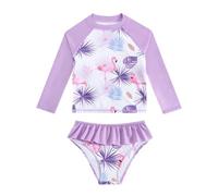 JiAmy Traje de baño de dos piezas para niñas, traje de baño de manga larga con protección solar UV, traje de baño para niños de 3 a 9 años, Flamingo rosa, 3-4 años