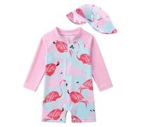 JiAmy Traje de baño de una pieza para bebé y niña con sombrero de sol, manga larga, cremallera, protección solar, playa, traje de baño de una pieza, Rosado Flamingo, 12-18 Months