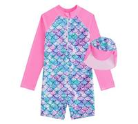 JiAmy Traje de baño de una pieza para niñas, traje de baño de manga larga con cremallera, protección solar UV, traje de baño de sirena con gorro de natación para niñas de 4 a 12 años, rosa (b), 5-6
