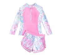 JiAmy Traje de baño para niña con pantalones cortos, traje de baño de dos piezas para niñas, traje de baño de manga larga con cremallera, traje de baño de 8 a 12 años, rosa, 10-11 años