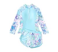 JiAmy Traje de baño para niña con pantalones cortos, traje de baño de dos piezas para niñas, traje de baño de manga larga con cremallera, traje de baño de 8 a 12 años, azul, 11-12 años