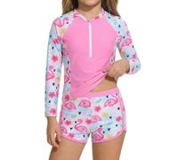 JiAmy Traje de baño para niña de dos piezas de manga larga Rashguard con pantalones cortos de media cremallera traje de baño deportivo con estampado para niños niñas de 3 a 12 años, Rosa flamenco, 9