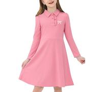 JiAmy Vestido de niña con cuello polo, manga larga, botones y estampado de lazo, elegante, acampanado, cintura alta, para niños de 2 a 8 años, rosa, 3-4 años