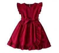 JiAmy - Vestido de niña con Volantes y Mangas abullonadas, Color Liso, Corte en A, para 7-8 años，Rojo