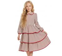 JiAmy Vestido de niña vintage de manga larga dulce manga abultada Peter Pan cuello falda de capas rayas de colores vestido de fiesta festivo niños vestidos niñas para cumpleaños Navidad 4-12 años