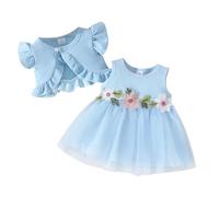 JiAmy Vestido de niña y chaqueta de punto de gofre de manga corta para niños pequeños, vestidos de flores sin mangas, 2 piezas, trajes de princesa para niñas de 6 meses a 3 años, azul, 2-3 Años