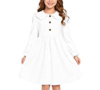 JiAmy Vestido para niñas con volantes, cuello polo de Peter Pan, manga larga, de algodón, elegante, casual, ropa de otoño e invierno para niños de 5 a 13 años, blanco, 11-12 años