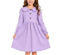 JiAmy Vestido para niñas con volantes, cuello polo de Peter Pan, manga larga, de algodón, elegante, casual, ropa de otoño e invierno para niños de 5 a 13 años