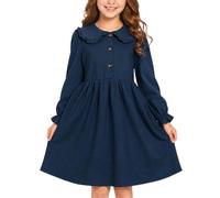 JiAmy Vestido para niñas con volantes, cuello polo de Peter Pan, manga larga, de algodón, elegante, casual, ropa de otoño e invierno para niños de 5 a 13 años, azul marino, 11-12 años