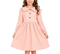 JiAmy Vestido para niñas con volantes, cuello polo de Peter Pan, manga larga, de algodón, elegante, casual, ropa de otoño e invierno para niños de 5 a 13 años