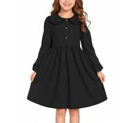 JiAmy Vestido para niñas con volantes, cuello polo de Peter Pan, manga larga, de algodón, elegante, casual, ropa de otoño e invierno para niños de 5 a 13 años, Negro, 9-10 años