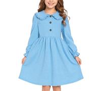 JiAmy Vestido para niñas con volantes, cuello polo de Peter Pan, manga larga, de algodón, elegante, casual, ropa de otoño e invierno para niños de 5 a 13 años, azul, 4-5 años