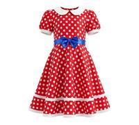 JiAmy Vestido vintage de los años 50 con estampado de lunares para niñas, vestido de fiesta retro con cinturón de lazo, cuello Peter Pan, vestido rockabilly, vestido de cumpleaños para niñas, vestidos