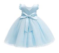 JiAmy Vestidos de dama de flores para niñas, sin mangas, con escote en V, lazo, para boda, dama de honor, fiesta, princesa, de tul, para niñas de 4 a 7 años, azul, 6 años