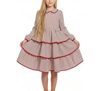 JiAmy Vestidos de manga larga para niñas, cuello Peter-Pan, vestido vintage para fiesta de cumpleaños, a rayas, disfraz festivo para adolescentes de 4 a 12 años, rojo vino, 7-8 años