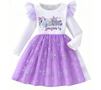 JiAmy Vestidos de manga larga para niñas, vestido de tul para fiesta de cumpleaños, cuello redondo, flores arcoíris, sirena, ropa de otoño para niños de 2 a 7 años, Copos de nieve morados, 5 años