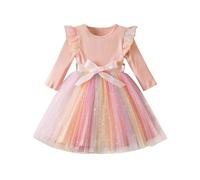JiAmy Vestidos de tul acanalado para niñas - Vestido de primavera con lentejuelas - Mangas volantes - Arcoíris - para niños de 1 a 6 años, 1-2 Años