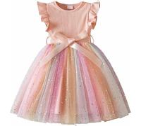 JiAmy Vestidos de tul de punto acanalado con lentejuelas para primavera, mangas voladoras, arcoíris, para niñas de 1 a 6 años, rosa, 1-2 años
