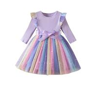JiAmy Vestidos de tul de punto acanalado con lentejuelas para primavera, mangas voladoras, arcoíris, para niñas de 1 a 6 años, 02-púrpura, 2-3 años