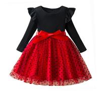 JiAmy Vestidos de tul para niñas, parte superior de punto acanalado, manga larga, casual, para otoño e invierno, con cinturón, vestido para niños de 3 a 8 años, rosso, 7-8 años