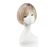 JIANBOHAIRS 6.5" × 6.5" Human Hair Toppers Women, Short Bob Wigs with Bangs 10" Side Part Hairpieces for Womens with Thin Hair for Thinning Hair(Ombre Blonde With Brown Highlight)